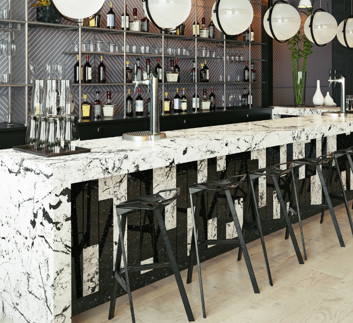 industrial chic waterfall bar black and white marble